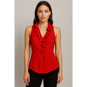 Armani Exchange Blouse Womens Medium Red 100% Silk Ruffle Button Top Y2K Fairy